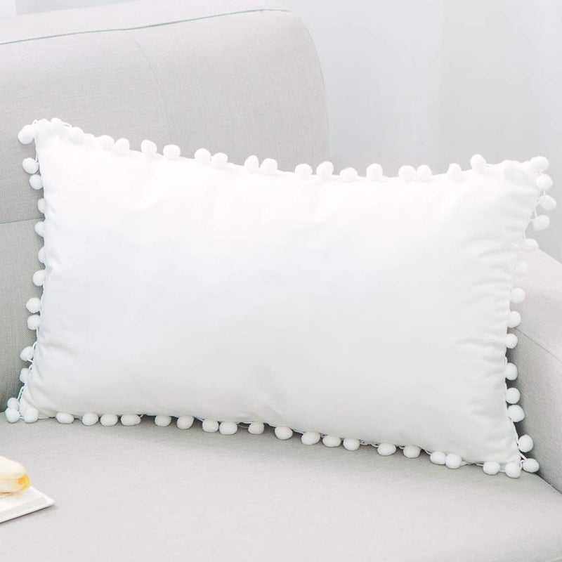 NATUS WEAVER White Velvet Decorative Throw Pillow Covers Pom Poms Soft Solid Square Lumbar Cushion Cases for Sofa Couch Bedroom Car, Pack of 2, 12 X 20 inches - Image 4